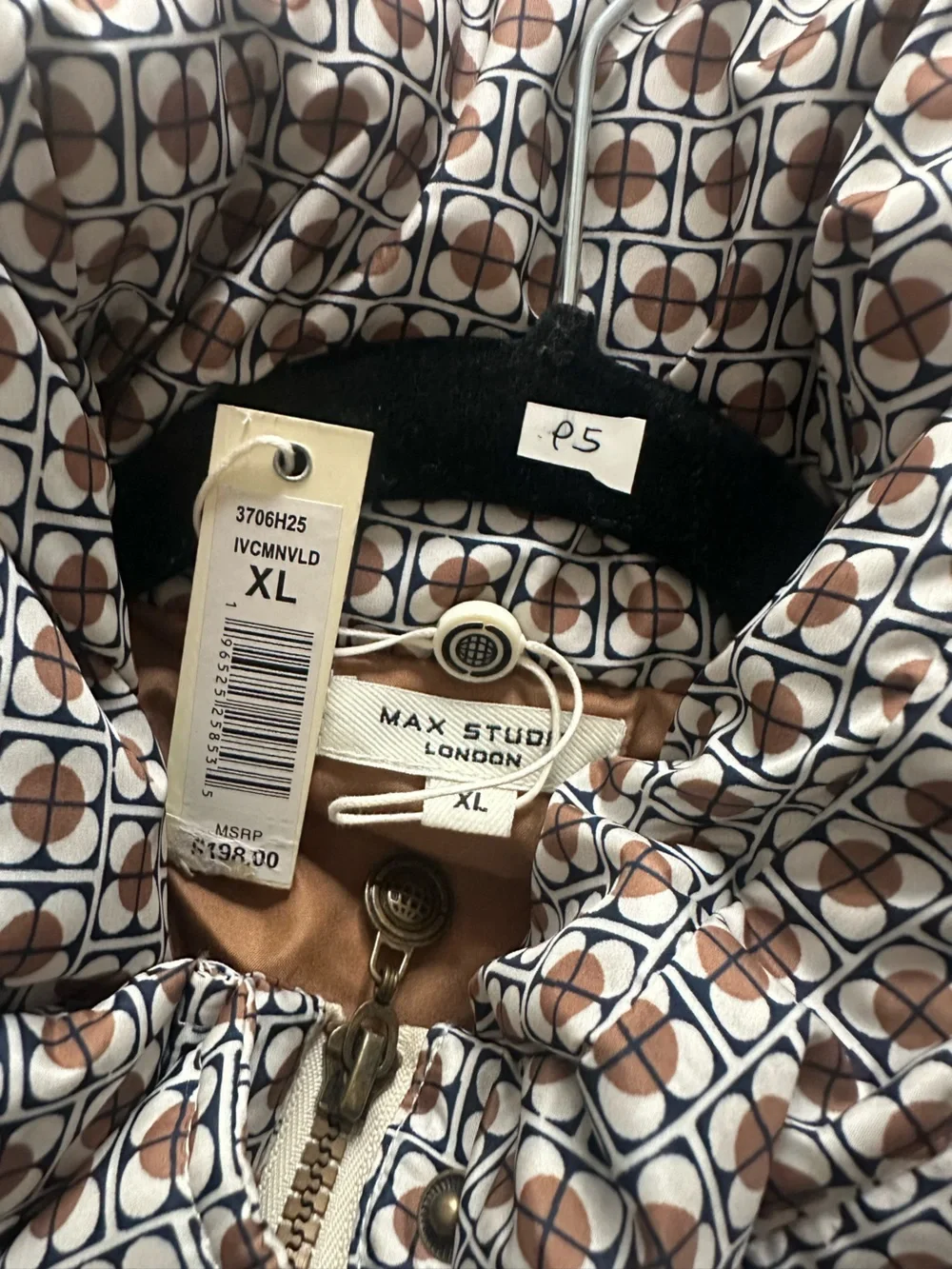 NWT Max Studio Quilted Houndstooth-Pattern Puffer Jacket - Brown & White Size XL